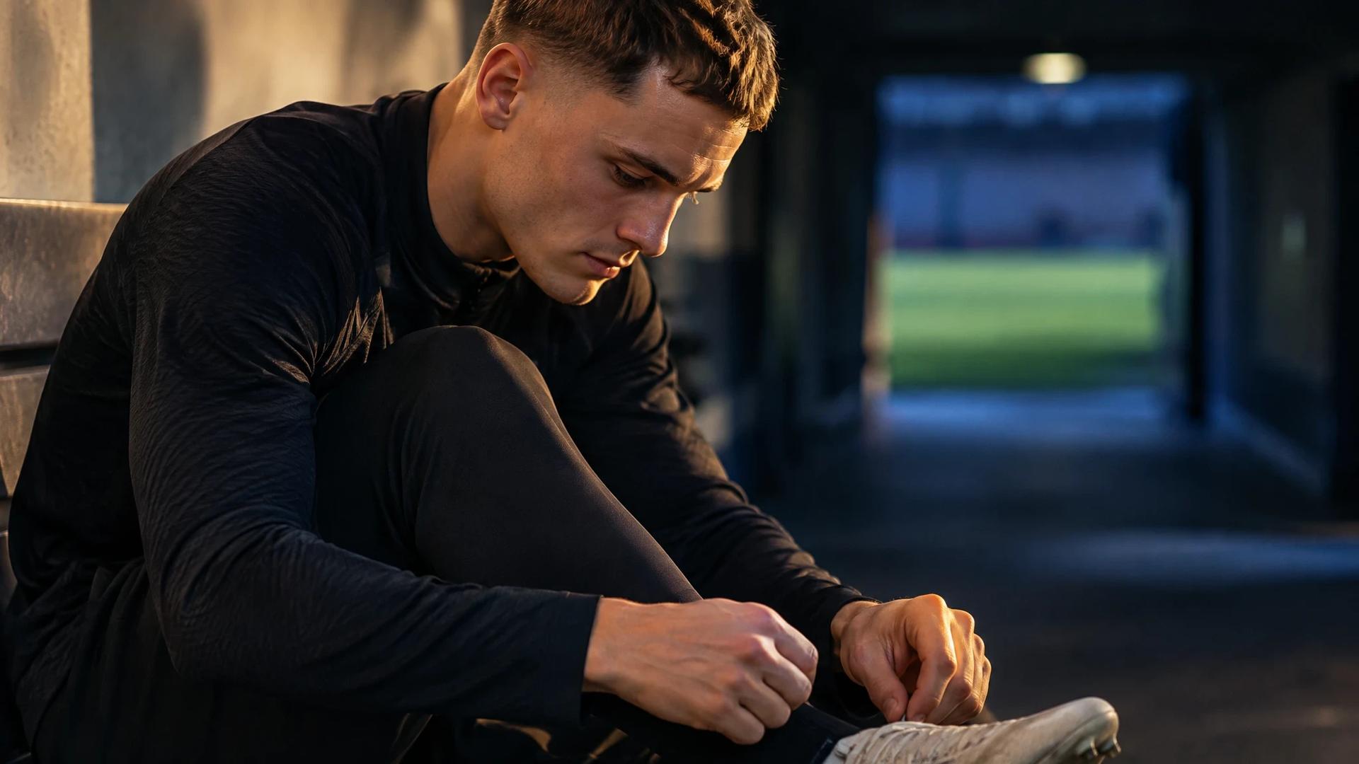Florian Wirtz forbereder seg i en stadiontunnel i dempet kveldslys.