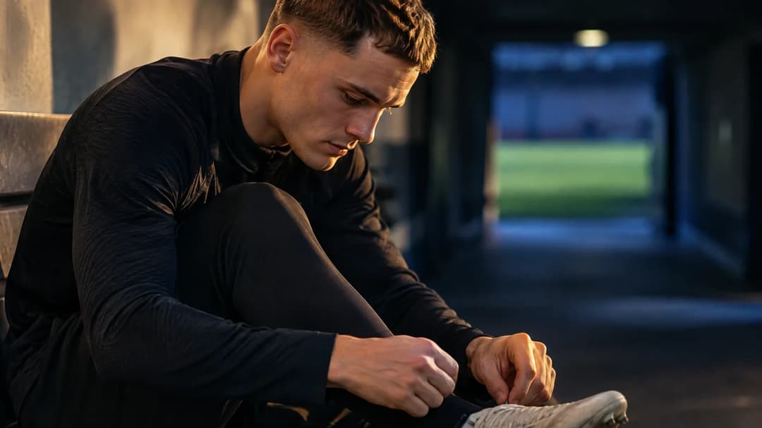 Florian Wirtz forbereder seg i en stadiontunnel i dempet kveldslys.