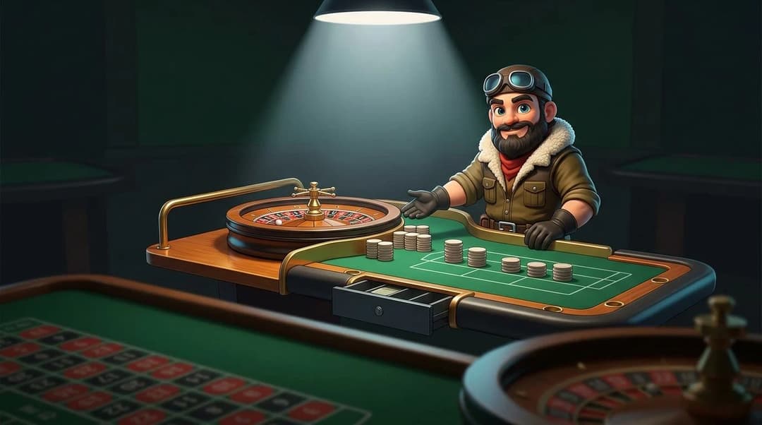 A NordicSpins mascot stands beside a roulette table, drawing attention to orderly stacks of payout chips under a spotlight.
