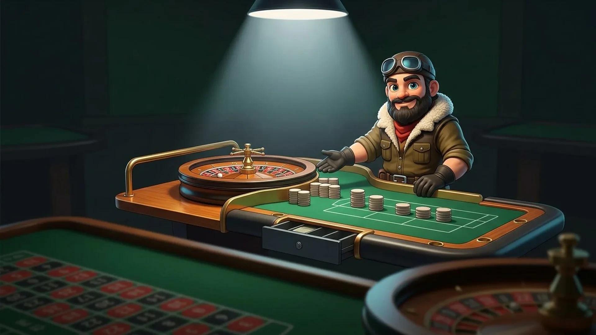 A NordicSpins mascot stands beside a roulette table, drawing attention to orderly stacks of payout chips under a spotlight.