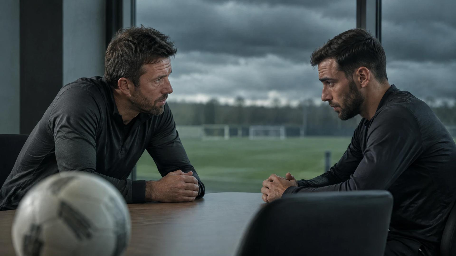 Michael Carrick og Bruno Fernandes sitter overfor hverandre i en alvorlig samtale på et treningsanlegg.
