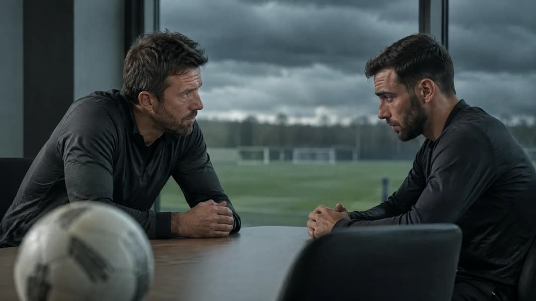 Michael Carrick og Bruno Fernandes sitter overfor hverandre i en alvorlig samtale på et treningsanlegg.