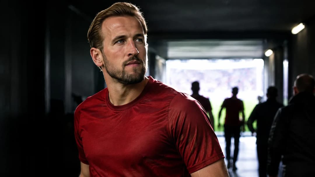 Harry Kane står i en mørk spillertunnel med en lys fotballbane i bakgrunnen.