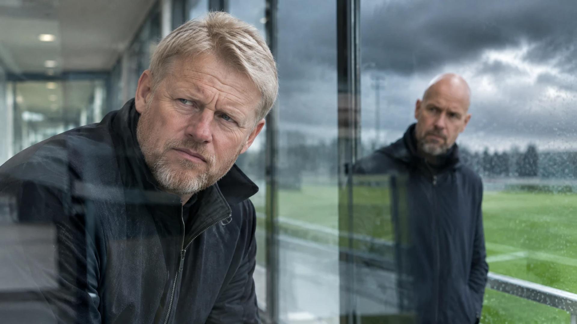 Peter Schmeichel står i forgrunnen i en fotballkorridor, mens Erik ten Hag er uskarpt synlig bak ham gjennom glass.
