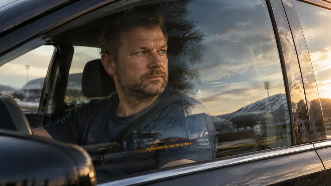 Hans Eirik Trodal sitter i en taxi i Bodø, iført en enkel, umerket fotballdrakt.