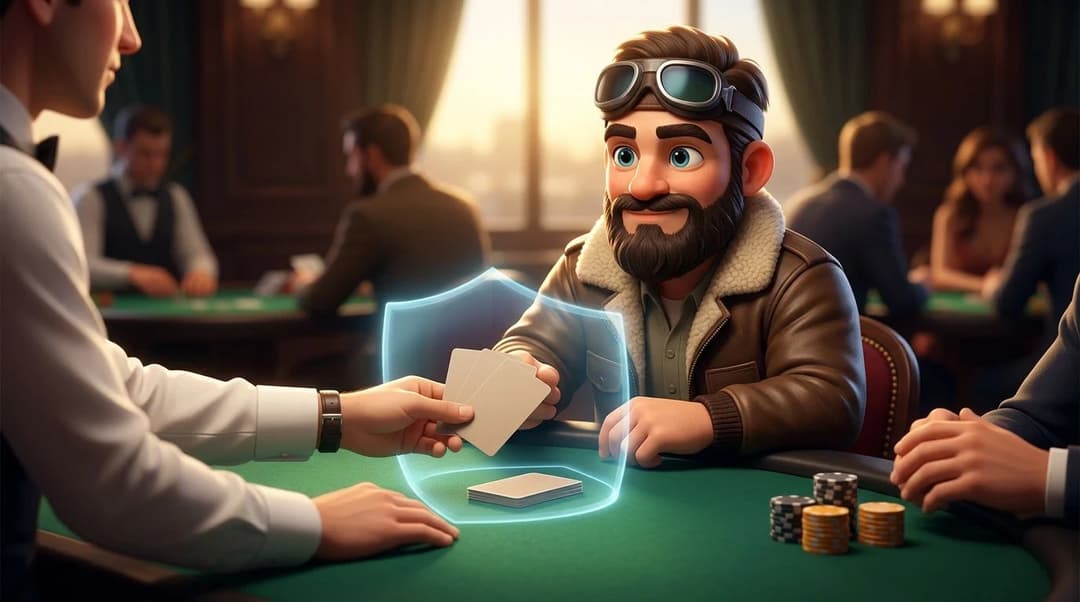 A NordicSpins mascot presents plain identity documents beside a blackjack table, with a dealer and player nearby.
