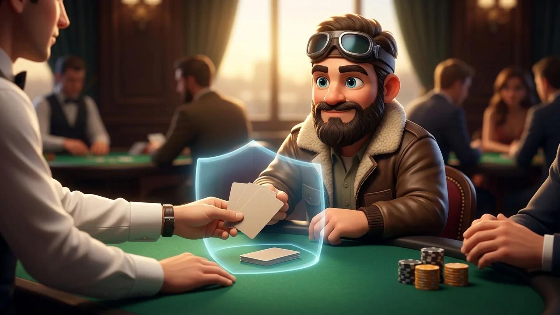 A NordicSpins mascot presents plain identity documents beside a blackjack table, with a dealer and player nearby.