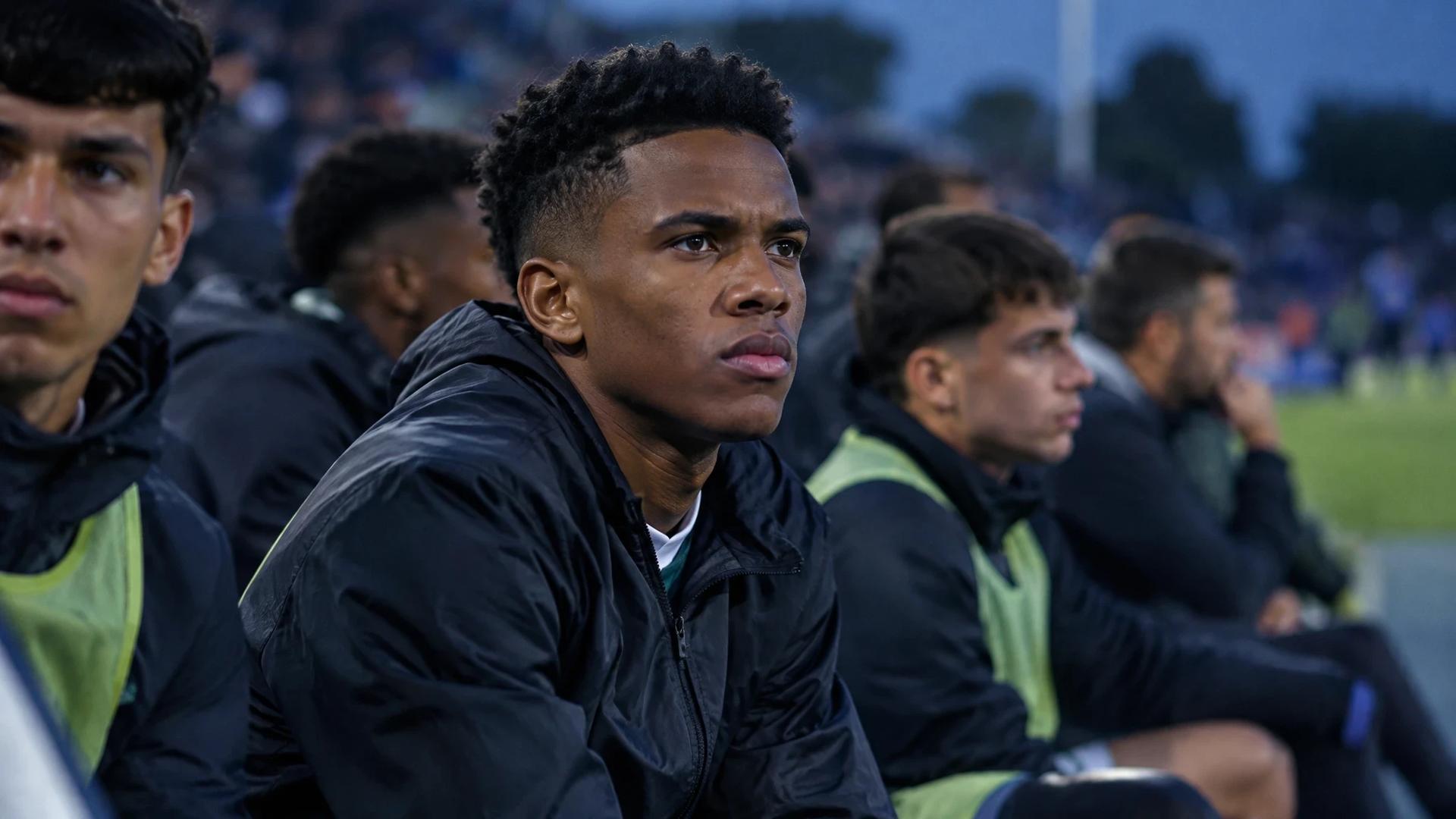 Estevao Willian sitter blant innbytterne og følger kampen fra sidelinjen i skumringen.