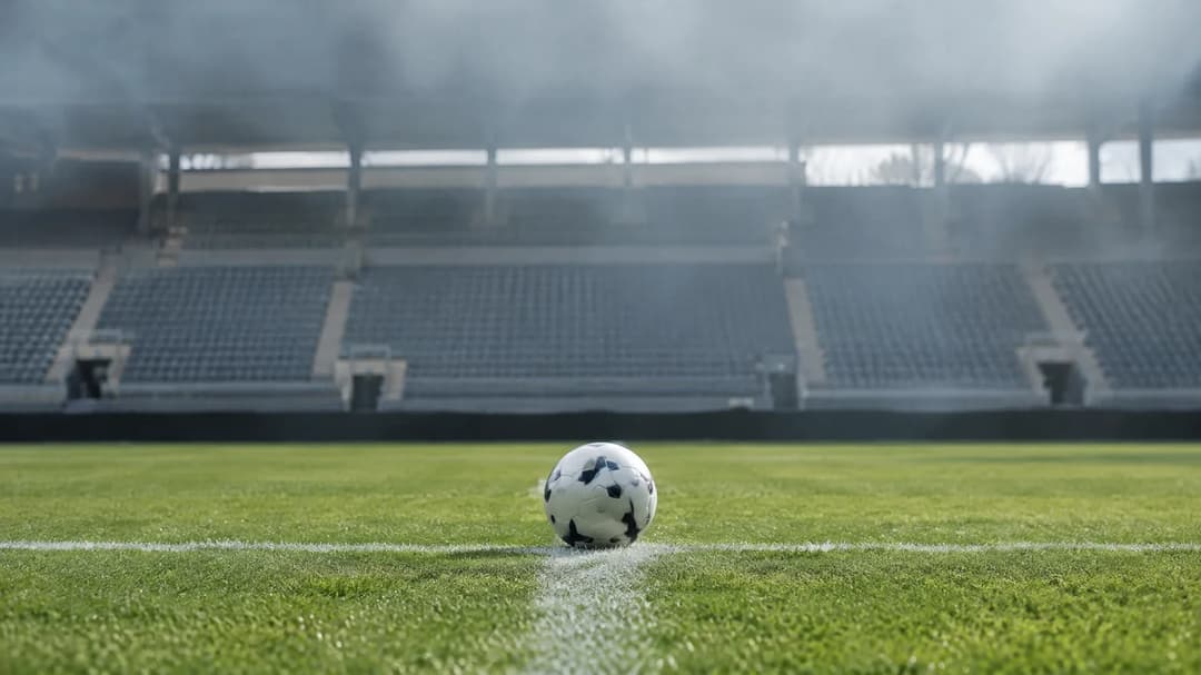 En fotball ligger på midtpunktet på en tom bane, med tribunene svakt synlige i bakgrunnen.