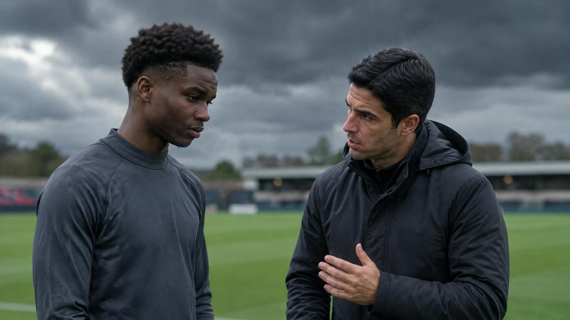 Bukayo Saka og Mikel Arteta står i en alvorlig samtale ved en fotballbane under mørke skyer.