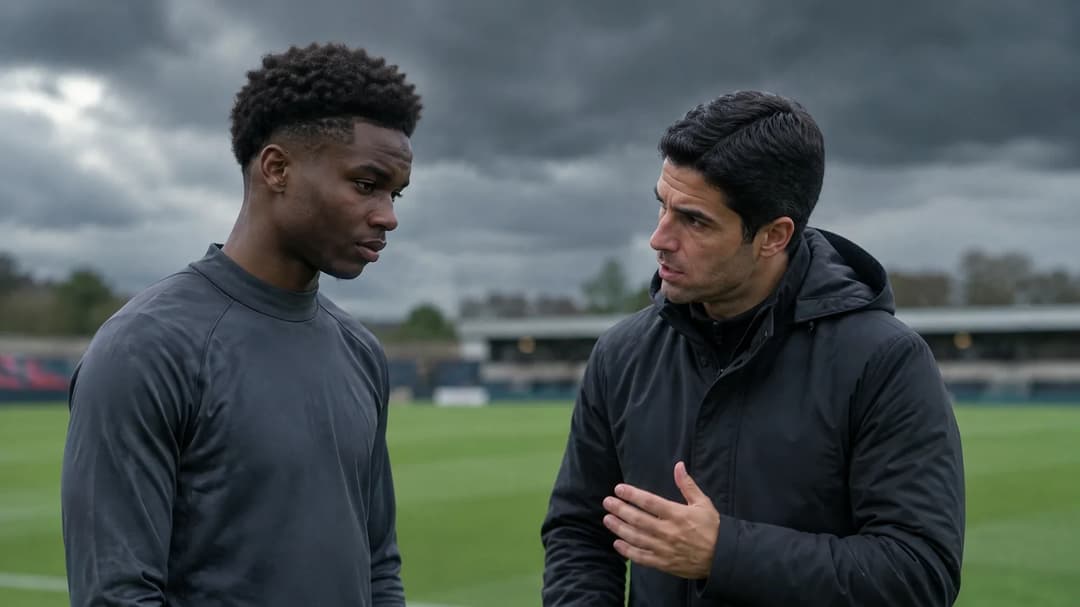 Bukayo Saka og Mikel Arteta står i en alvorlig samtale ved en fotballbane under mørke skyer.