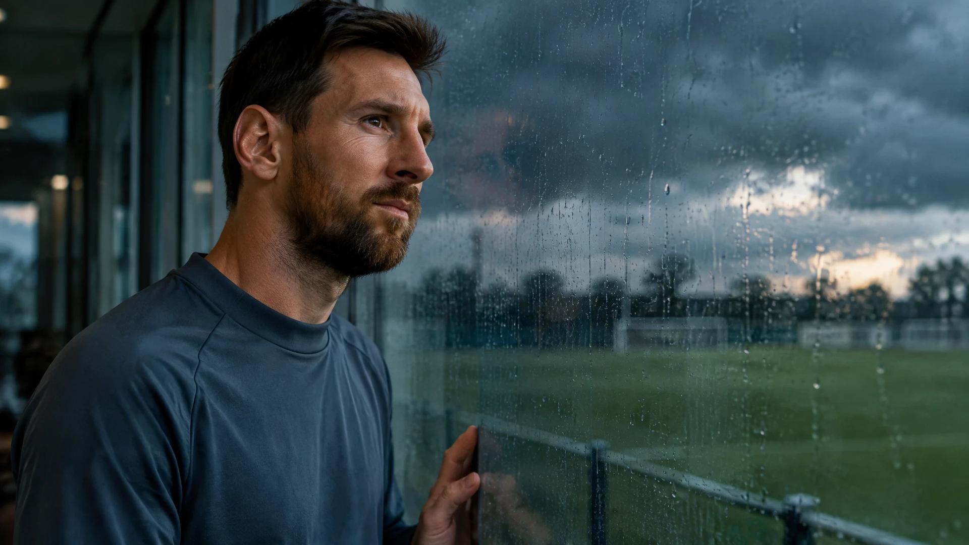 Lionel Messi står rolig bak regnvått glass med en fotballbane svakt synlig i bakgrunnen.