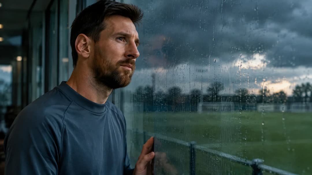 Lionel Messi står rolig bak regnvått glass med en fotballbane svakt synlig i bakgrunnen.