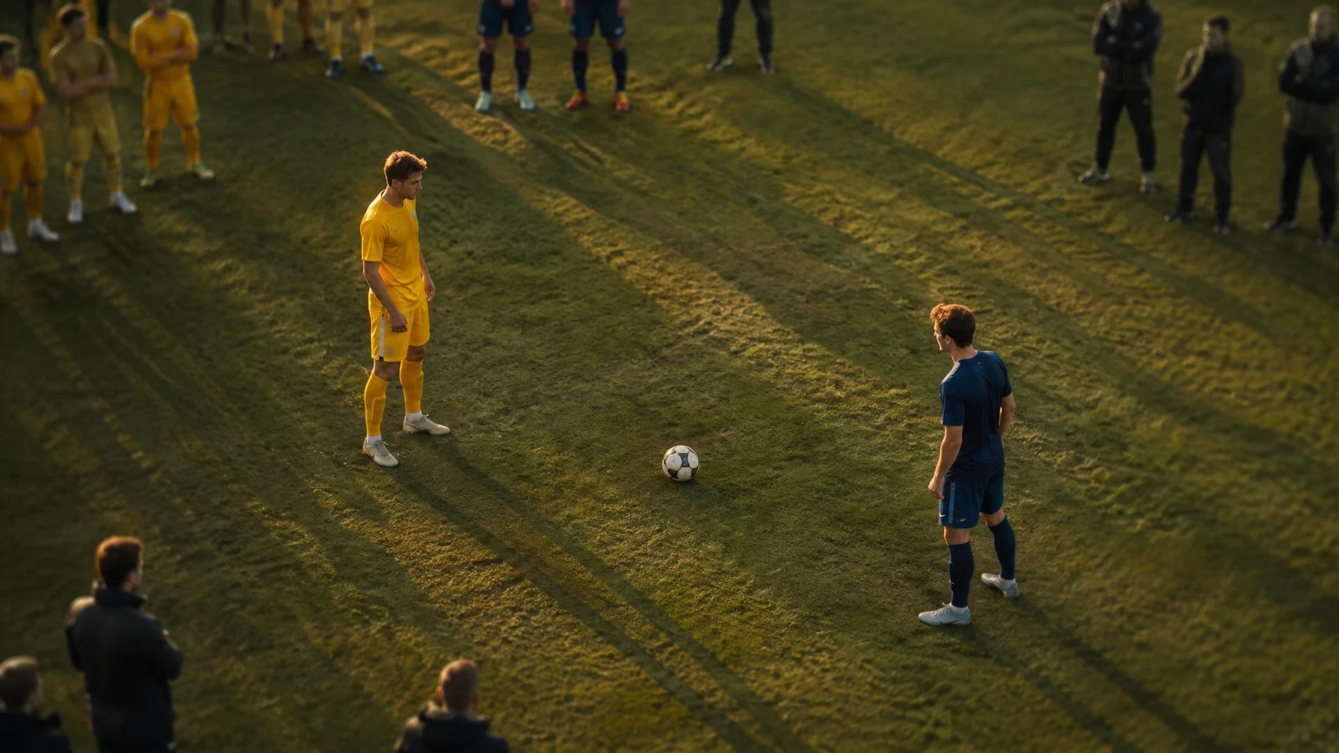 To anonyme fotballspillere står på en treningsbane med en ball mellom seg, mens en liten gruppe er uskarp i bakgrunnen.