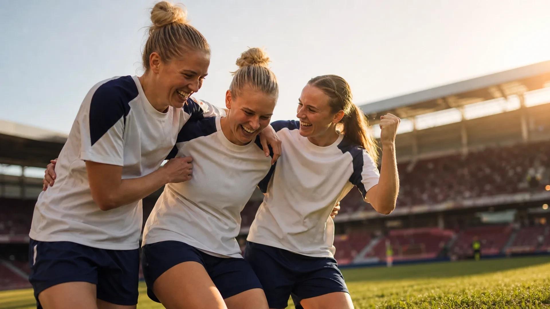 Three female footballers celebrate together on the pitch in afternoon sunlight, sharing a moment of genuine camaraderie and joy.