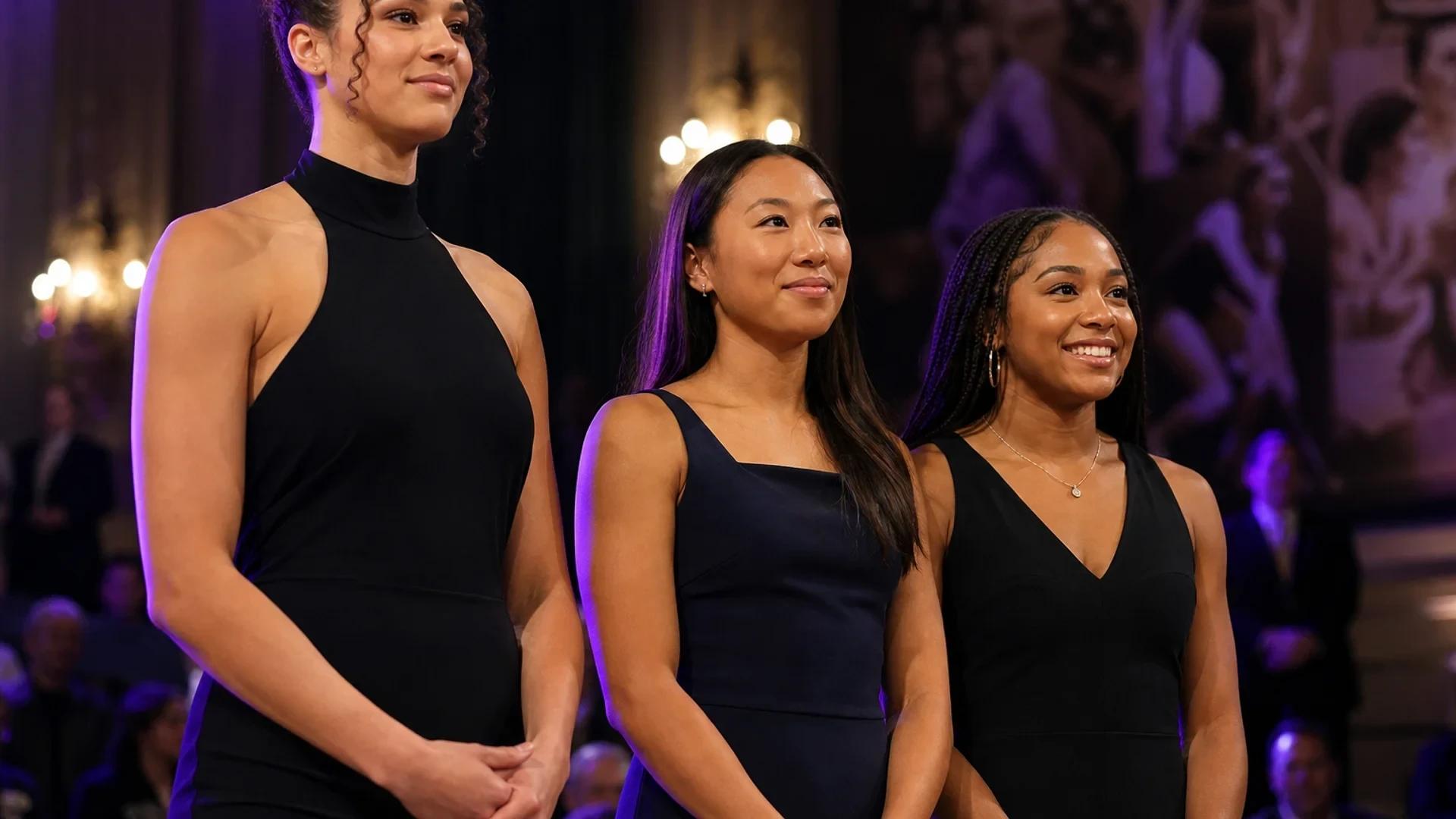 Three female athletes poised at a ceremonial awards event celebrating women's sports.