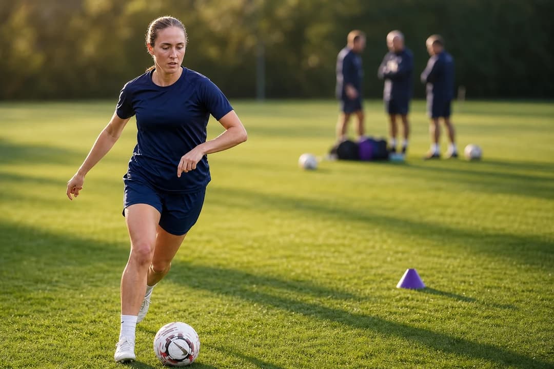 Naomi Layzell dribbling a football on a training pitch in Everton's colors.