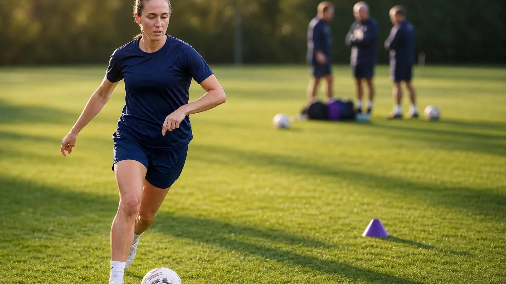 Naomi Layzell dribbling a football on a training pitch in Everton's colors.