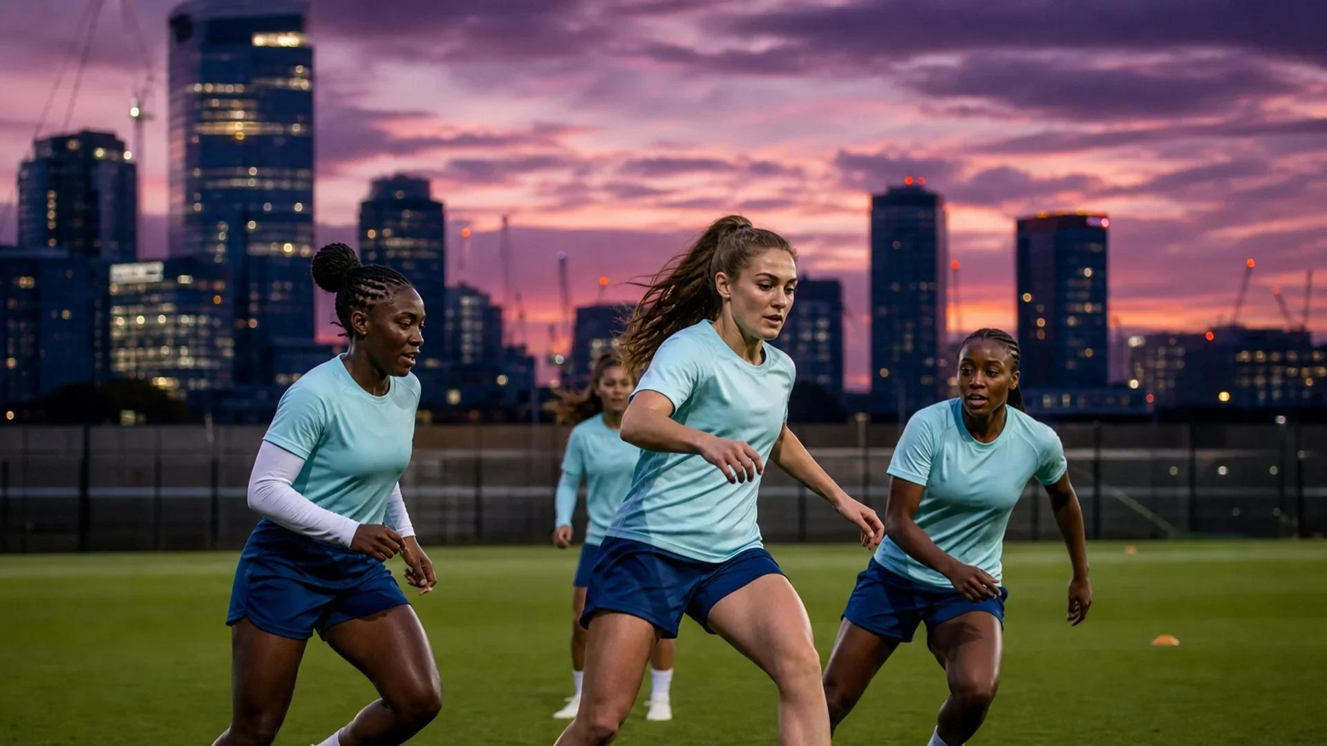 A group of female footballers training on a pitch with London's skyline at dusk in the background.