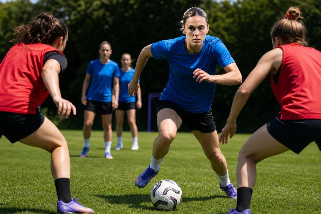 A female football player dribbling the ball during practice with teammates in the background.