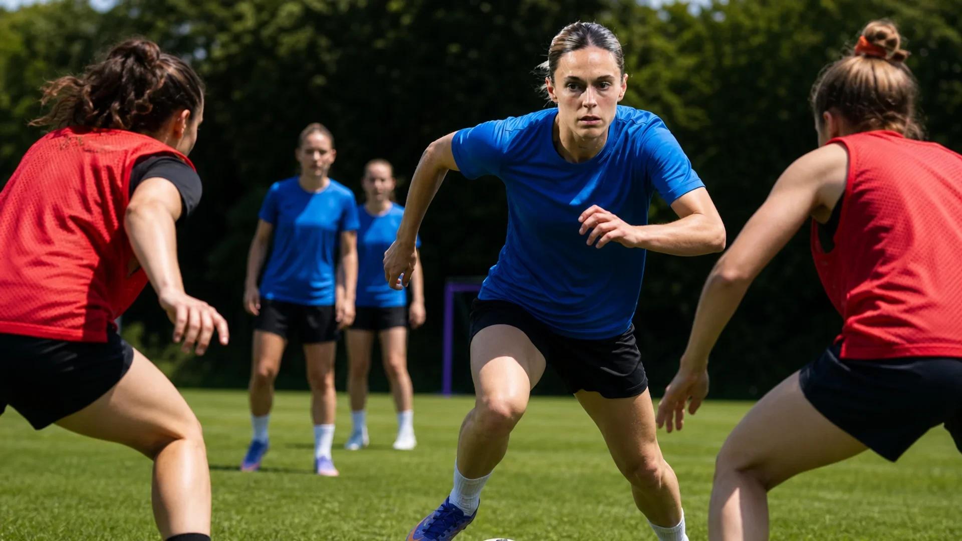 A female football player dribbling the ball during practice with teammates in the background.