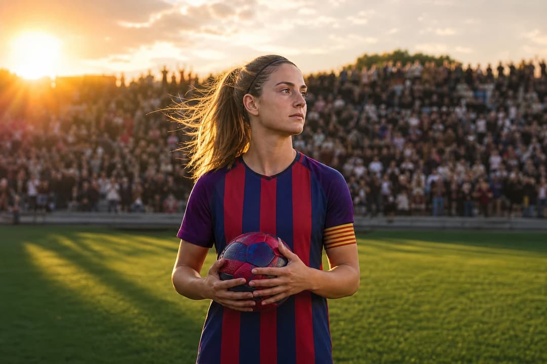 Alexia Putellas stands on a football pitch during sunset, holding a football close to her chest, surrounded by a blurred crowd.
