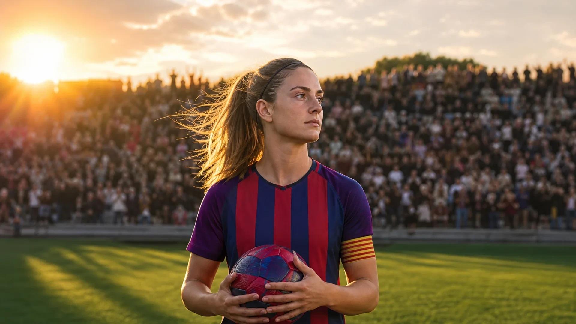 Alexia Putellas stands on a football pitch during sunset, holding a football close to her chest, surrounded by a blurred crowd.
