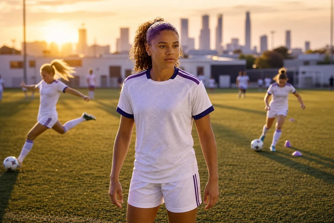 A young female footballer stands on a training pitch with teammates practicing behind her.