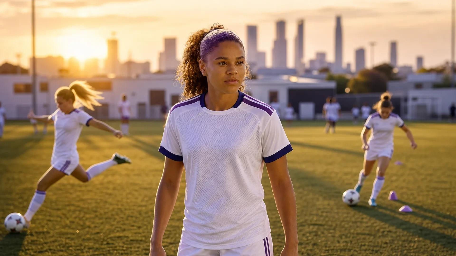 A young female footballer stands on a training pitch with teammates practicing behind her.