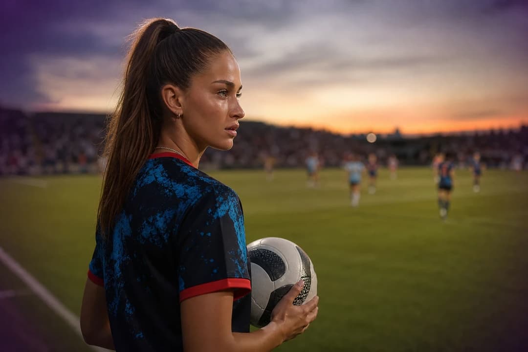 A female soccer player holding a ball, standing pensively on a field during sunset.