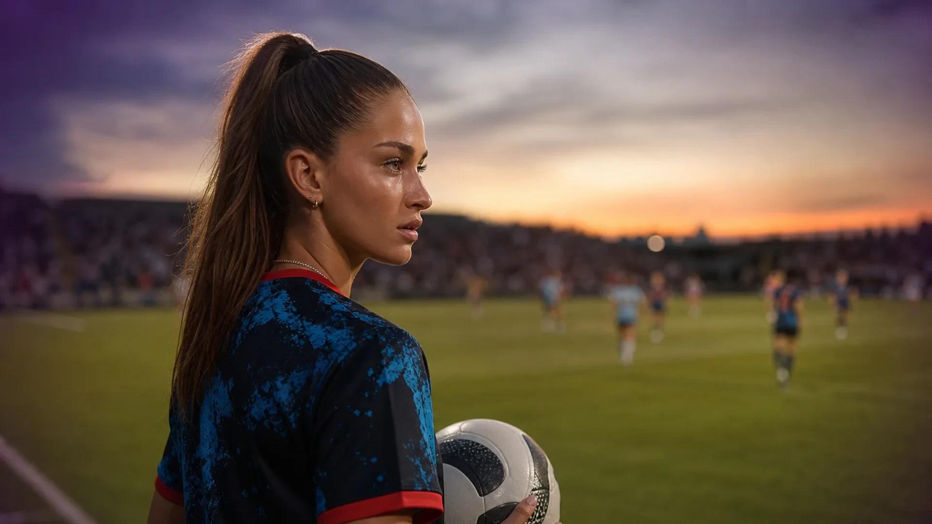 A female soccer player holding a ball, standing pensively on a field during sunset.