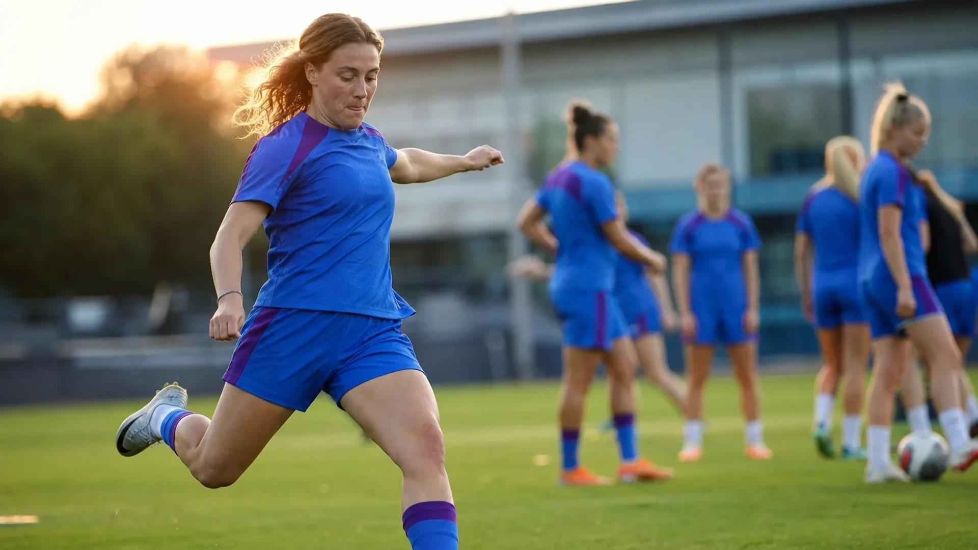 Brighton & Hove Albion captain Maisie Symonds kicking a soccer ball on the training ground surrounded by teammates.