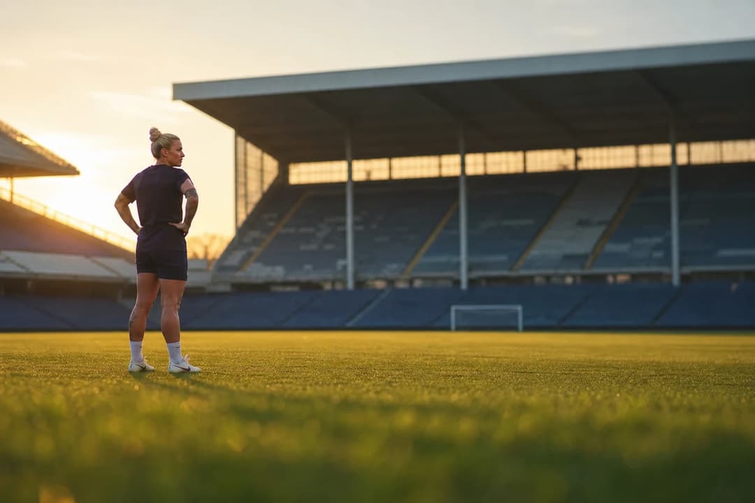 Lorena Azzaro stands alone on The Valley pitch at sunset, gazing across the stadium in a dark training kit, silhouetted against golden-hour light.