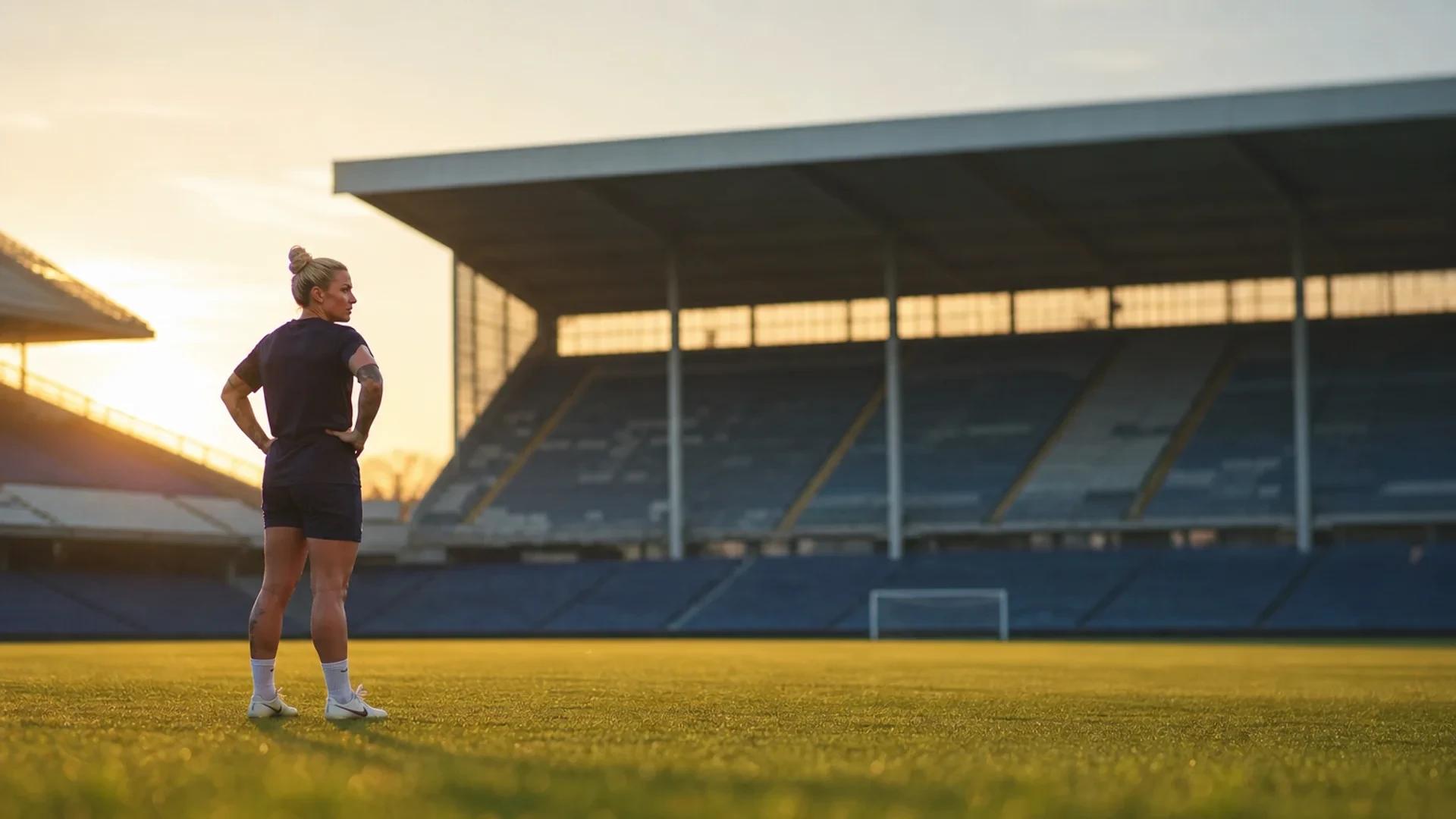 Lorena Azzaro stands alone on The Valley pitch at sunset, gazing across the stadium in a dark training kit, silhouetted against golden-hour light.