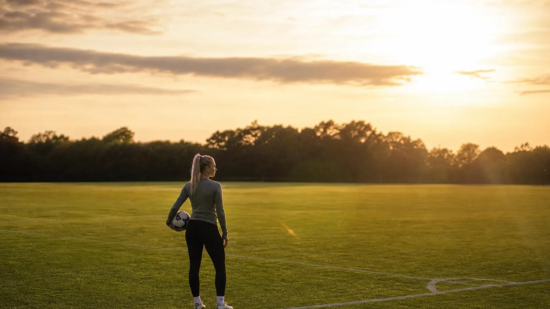 Katie Bradley stands alone on a sunlit training pitch in golden-hour light, holding a football, facing a new chapter with Newcastle United.