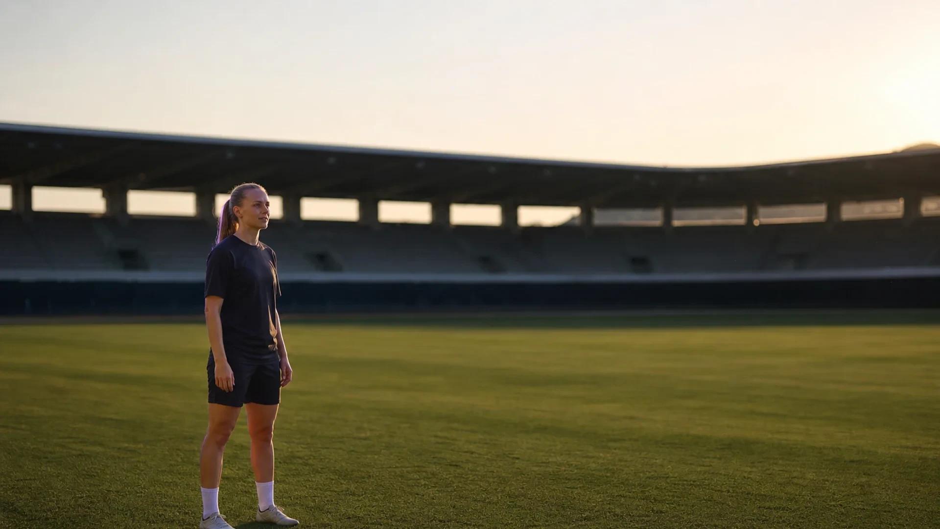 Noelle Maritz stands alone on a training pitch in afternoon light, wearing dark training kit, with a stadium blurred in the distance behind her.
