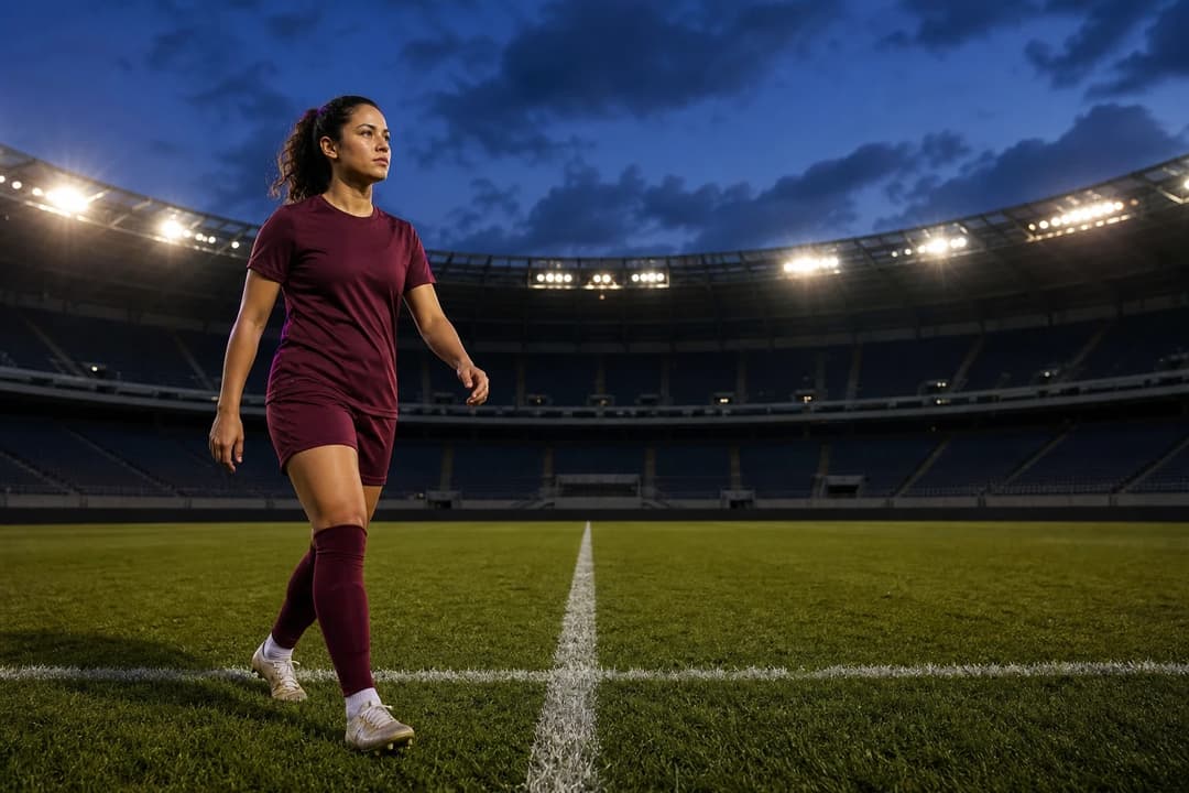 Female soccer player in burgundy kit strides onto floodlit pitch during blue-hour dusk at a modern stadium.