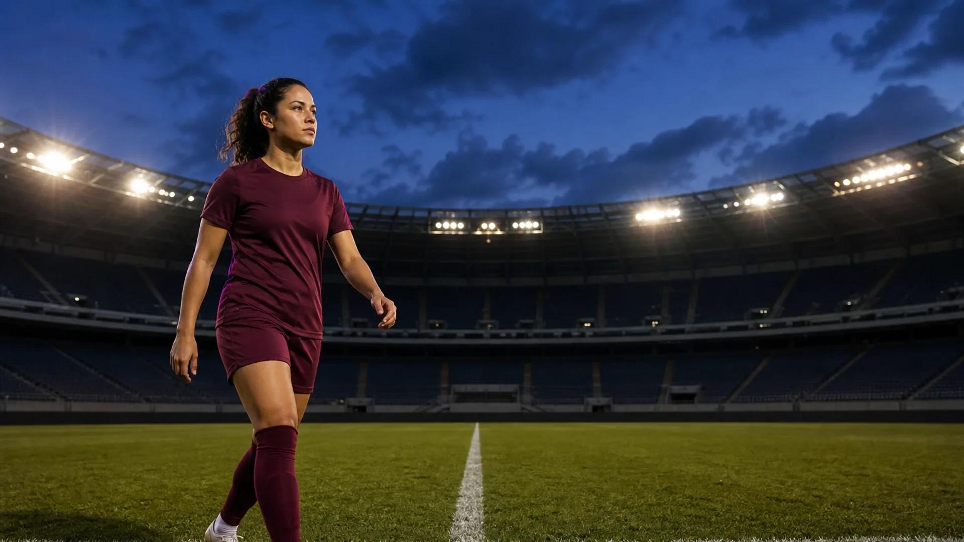 Female soccer player in burgundy kit strides onto floodlit pitch during blue-hour dusk at a modern stadium.