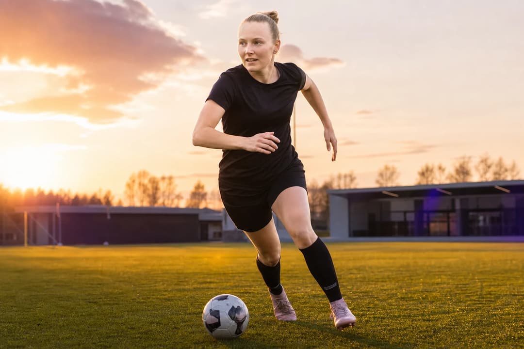 Sanni Franssi training on the football pitch during golden hour.