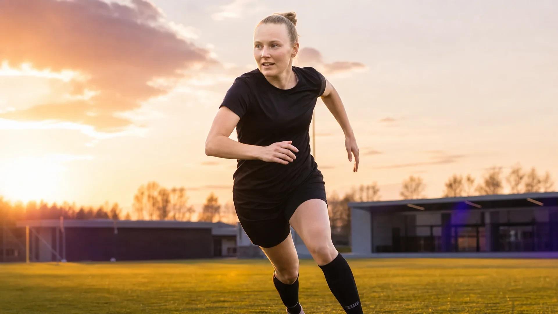 Sanni Franssi training on the football pitch during golden hour.