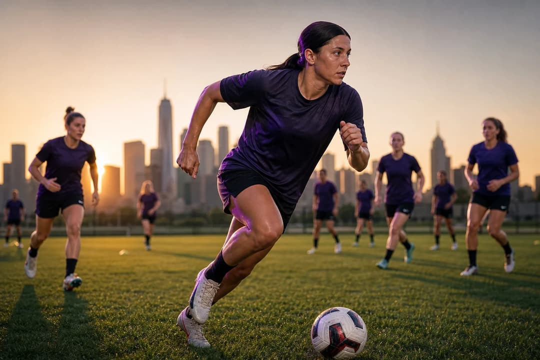 Sam Kerr training on the field, captured in motion, with teammates in the background.