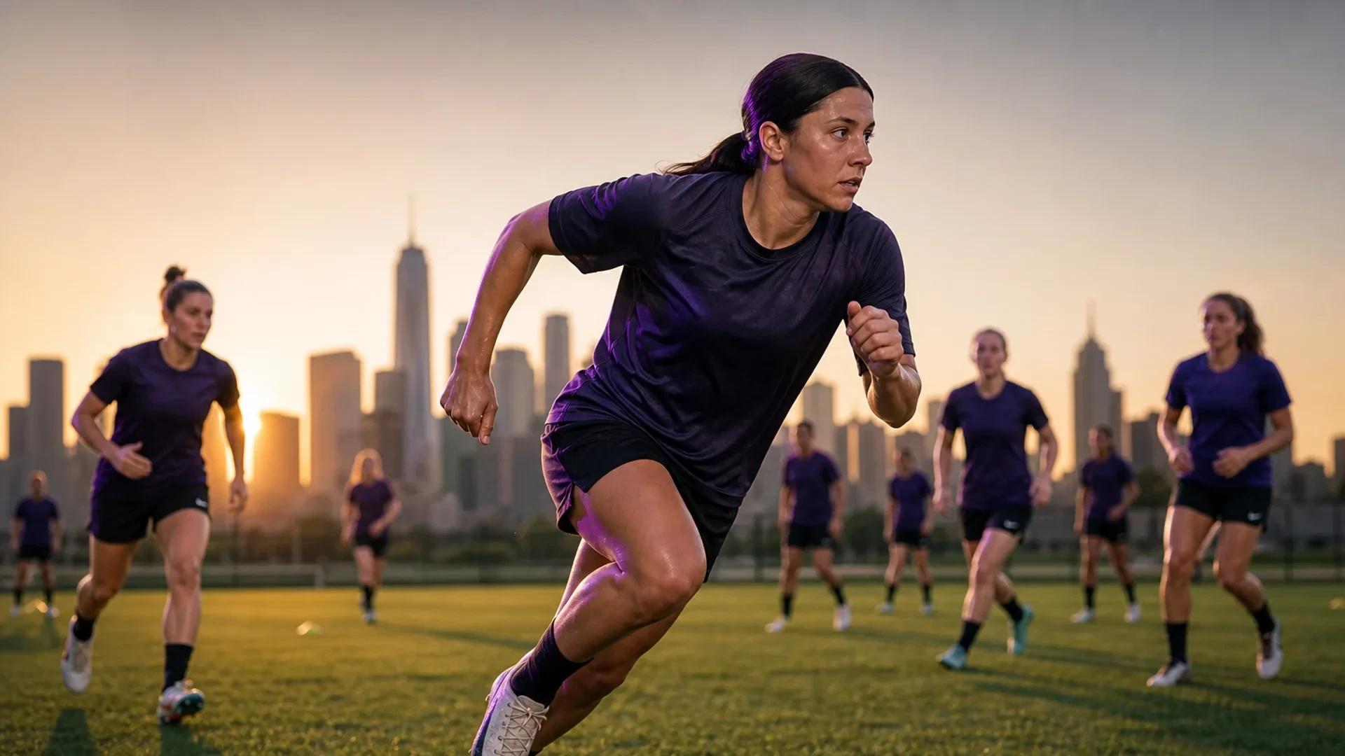 Sam Kerr training on the field, captured in motion, with teammates in the background.