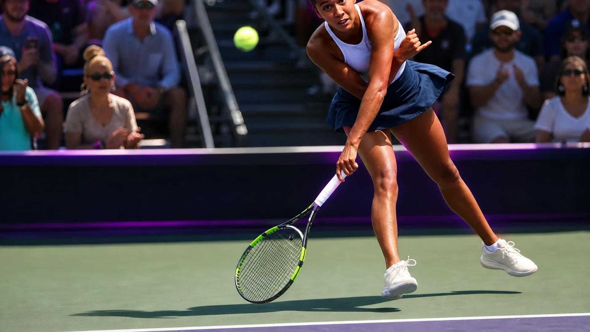 Leylah Fernandez serves during a match at the Mubadala DC Open.