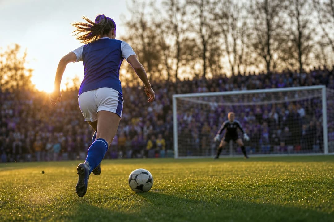 A female footballer sprints towards the goal on a vibrant pitch, surrounded by an excited crowd.