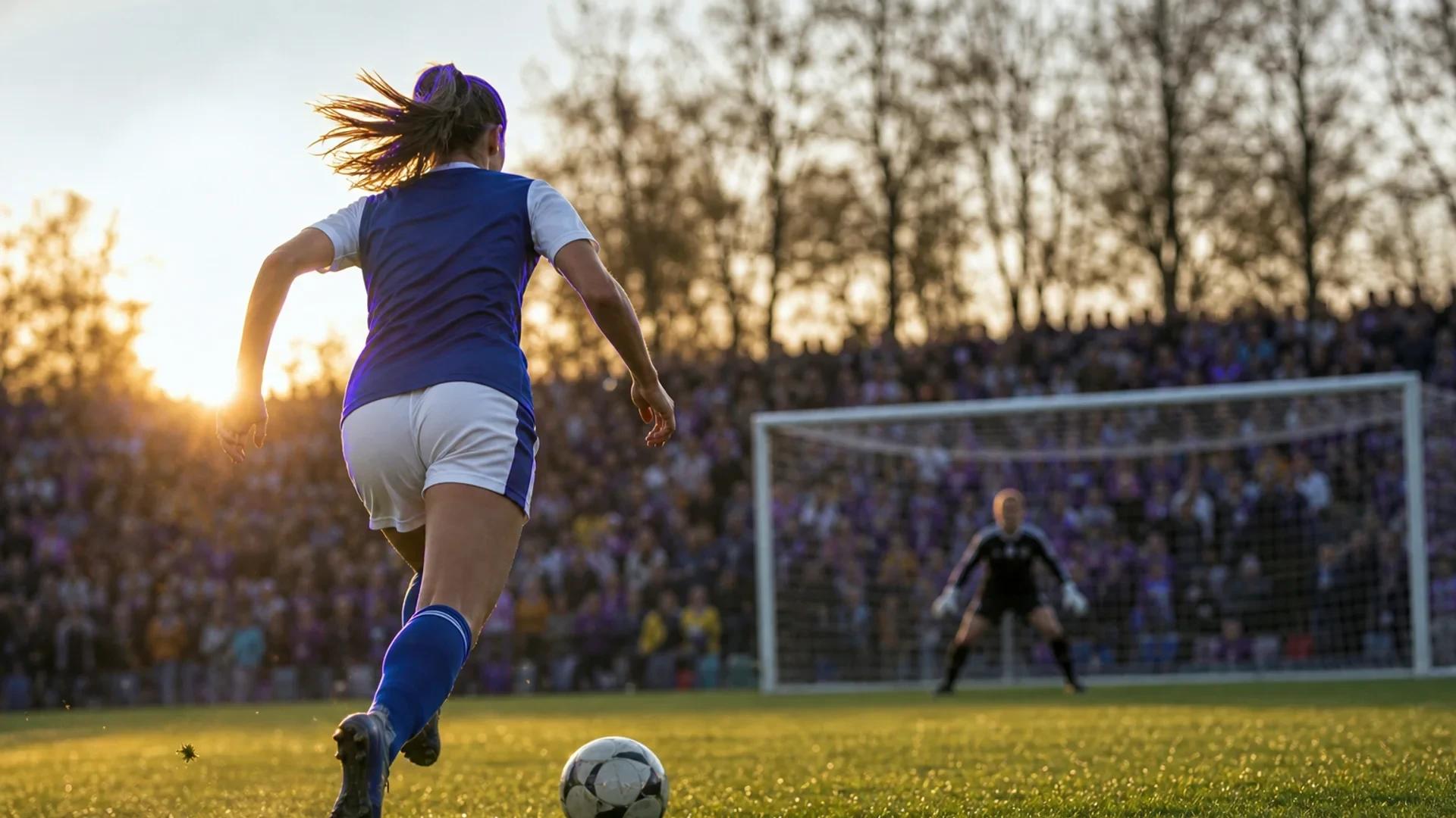 A female footballer sprints towards the goal on a vibrant pitch, surrounded by an excited crowd.