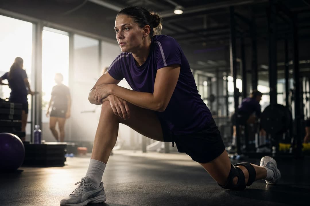 A female athlete stretches in a dimly lit gym, focused on rehabilitation.