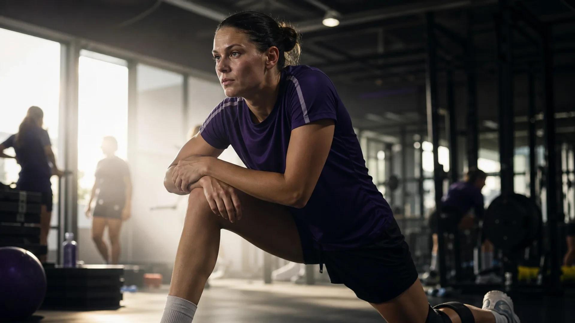 A female athlete stretches in a dimly lit gym, focused on rehabilitation.