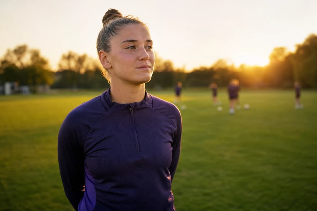 Michela Croatto in sports attire standing on a soccer pitch during sunset, looking contemplative.