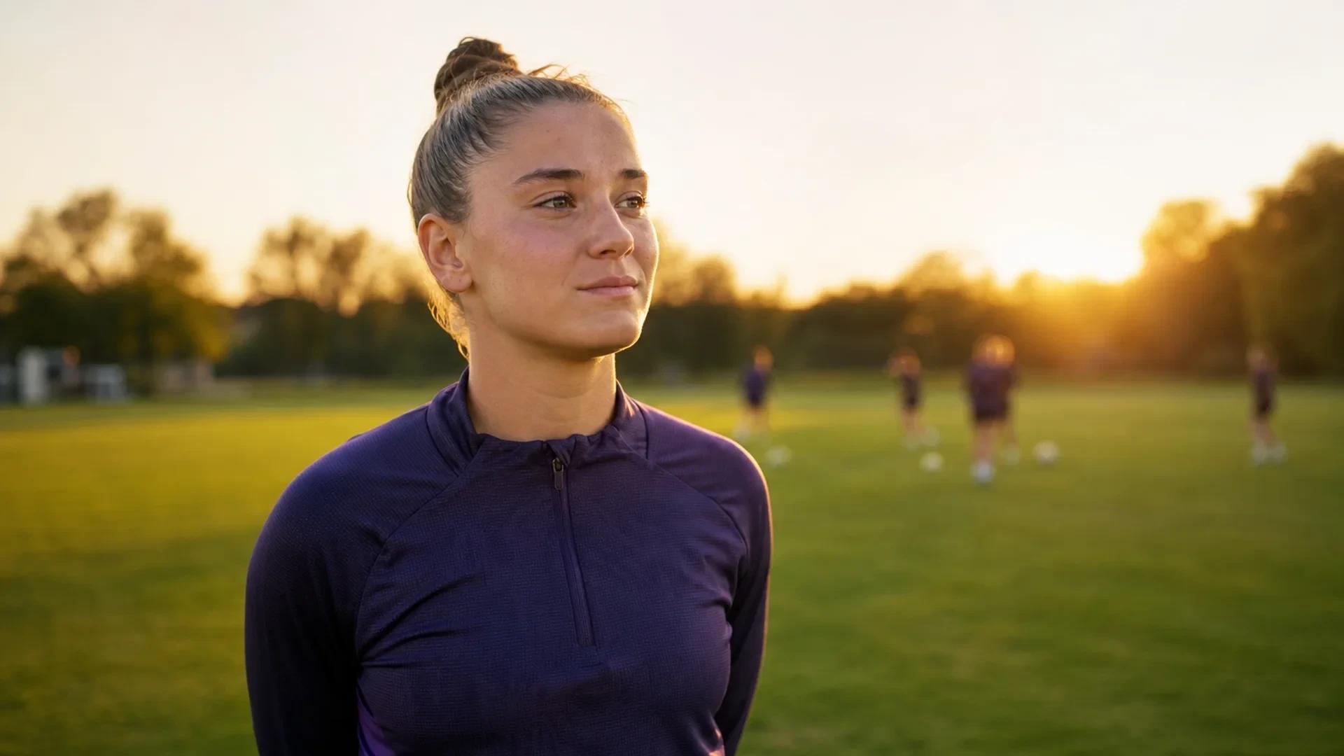 Michela Croatto in sports attire standing on a soccer pitch during sunset, looking contemplative.