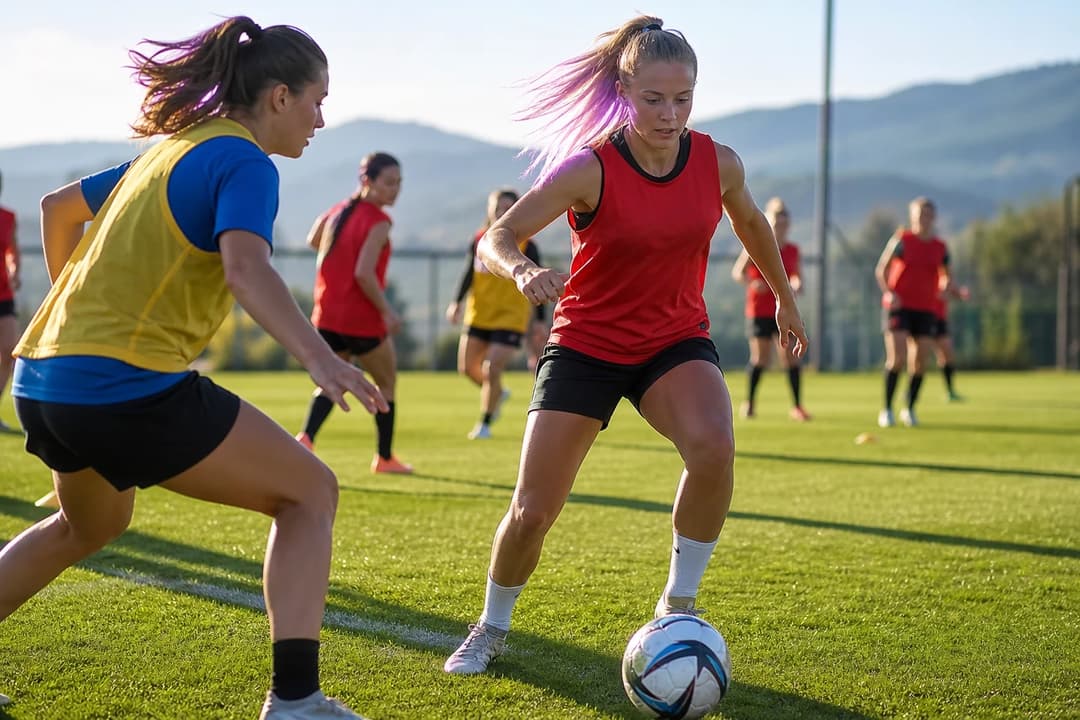 Emilia Hirche dribbling a soccer ball during training at SC Braga.